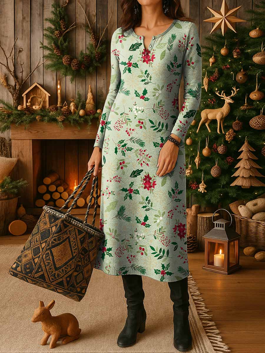 Women's Christmas Print Crew Neck Long Sleeve Casual Loose Knit Dress