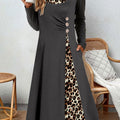 Dark Grey Asymmetry Leopard A Line Long Sleeve Dress