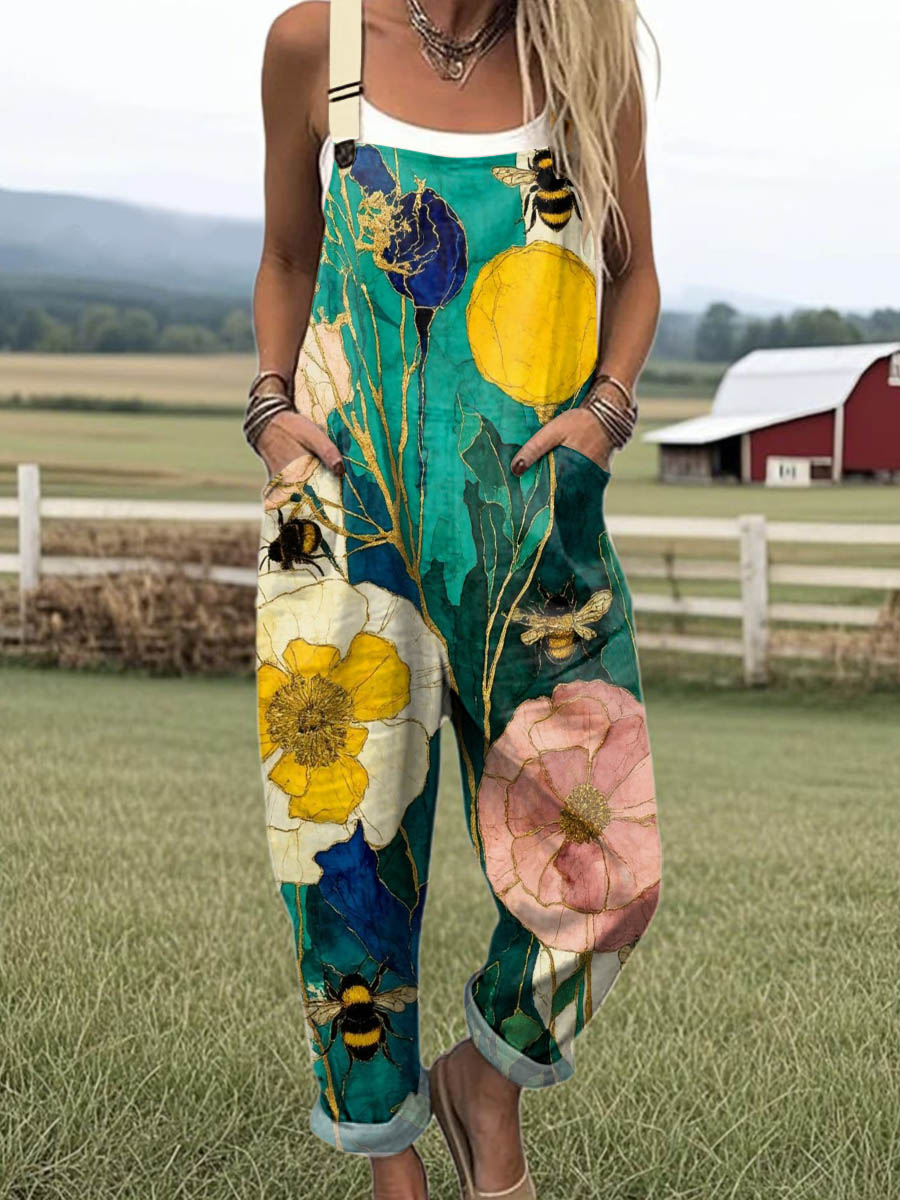 Women's Lovely Floral Bees Pattern Art Print Casual 100% Cotton Wide Leg Jumpsuit