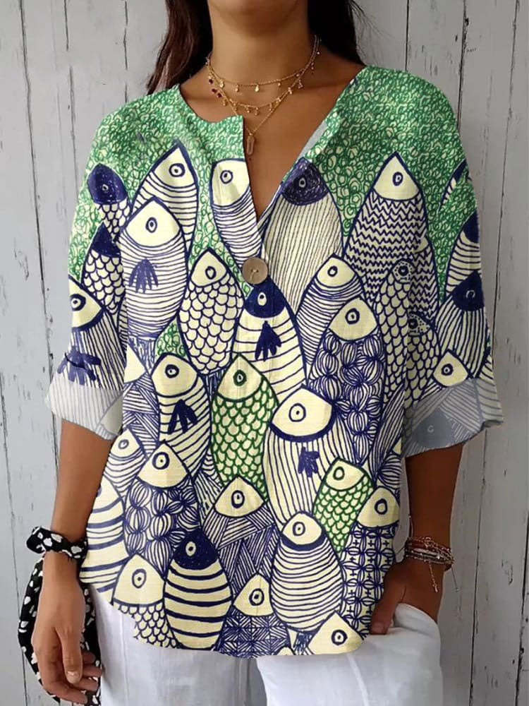 Women's  Fish Art Print Casual Cotton Linen Shirt