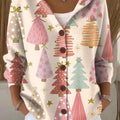 Women's Cute Colorful Christmas Tree Drawing Art Print Casual Hooded Button Sweater