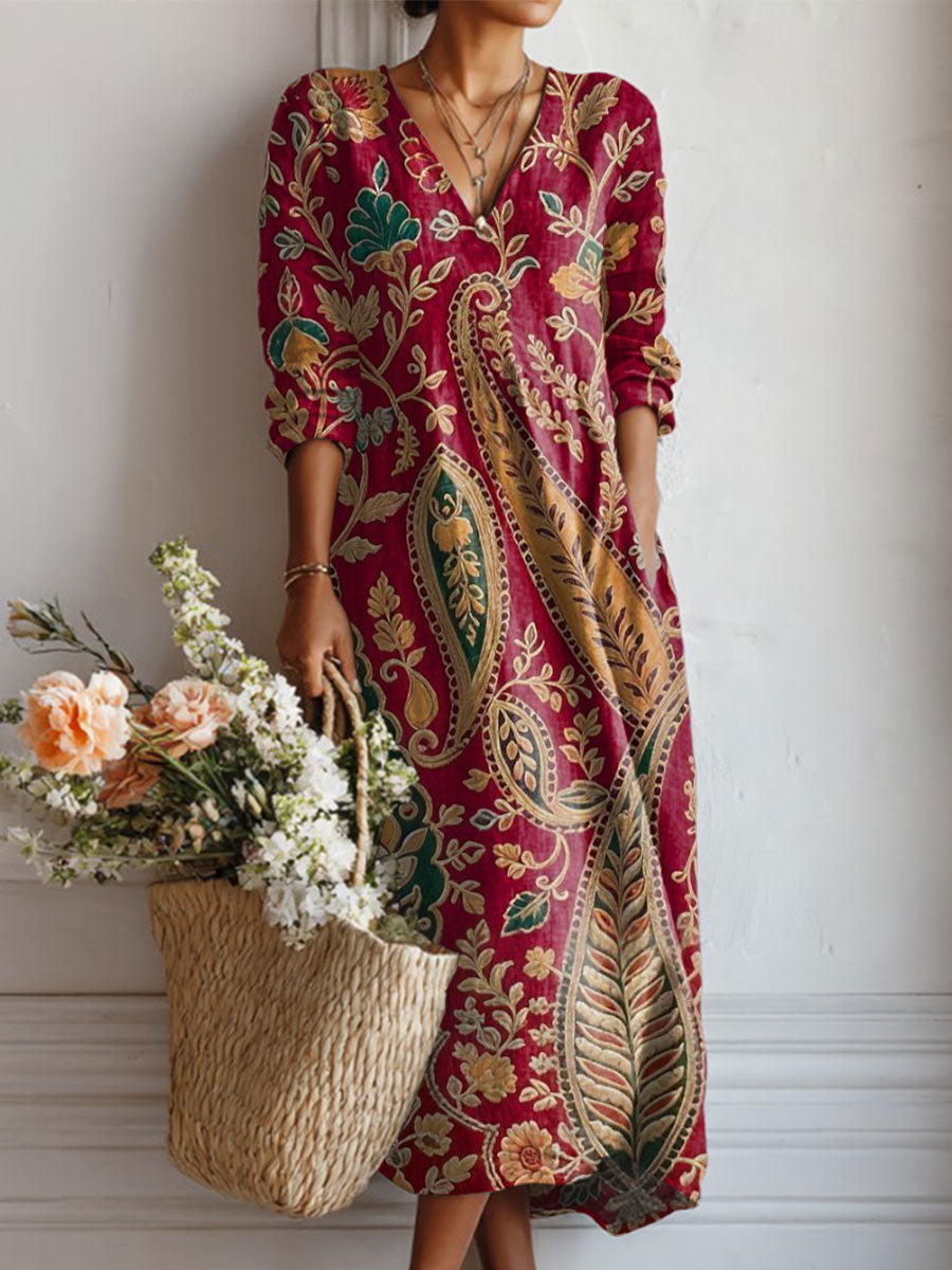 Women's Vintage Flower Art Print Linen Pocket Dress