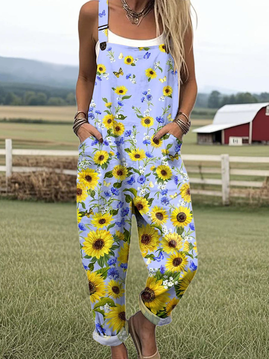 Women's Beautiful Chrysanthemum Flowers Painting Art Print Casual 100% Cotton Wide Leg Jumpsuit