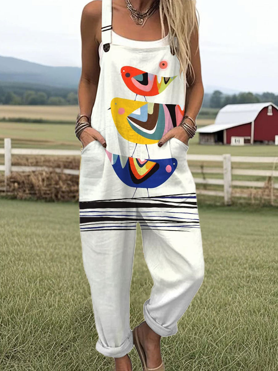Women's Farm  Funny  Bird Art  Print Casual 100% Cotton Wide Leg Jumpsuit