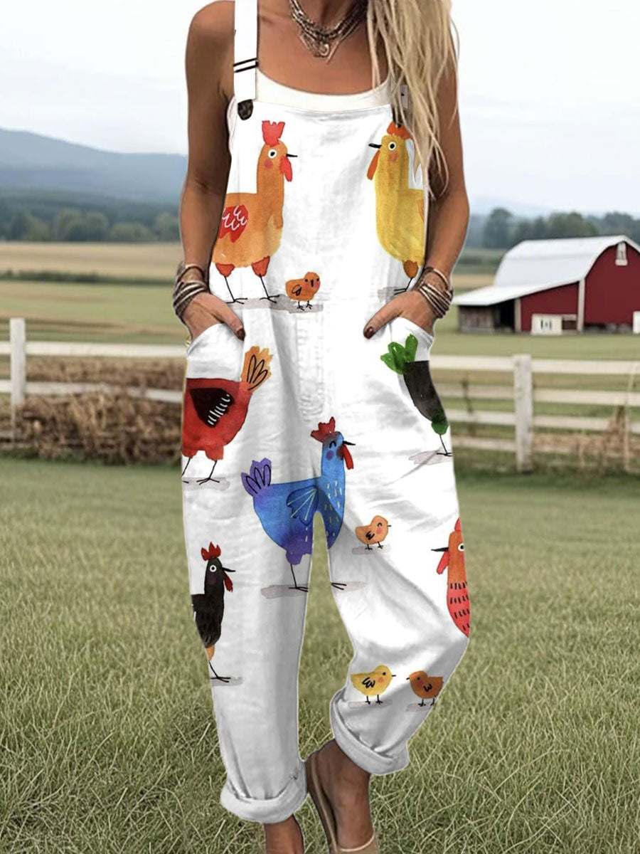 Women's Funny Chick Art Print Casual 100% Cotton Wide Leg Jumpsuit