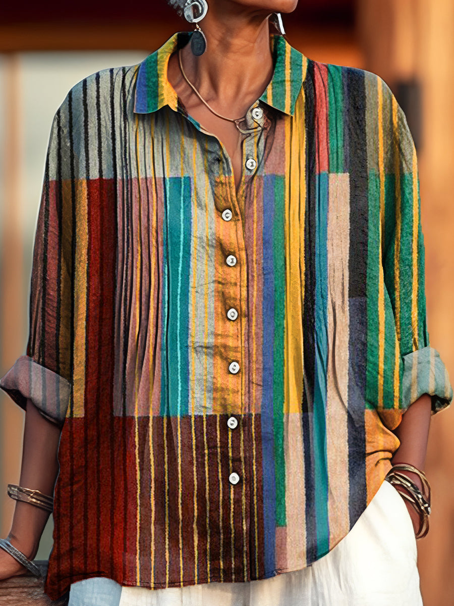 Women's Vintage Multicolor Geometric Stripe Painting Art Print Casual Cotton And Linen Ruffle Shirt