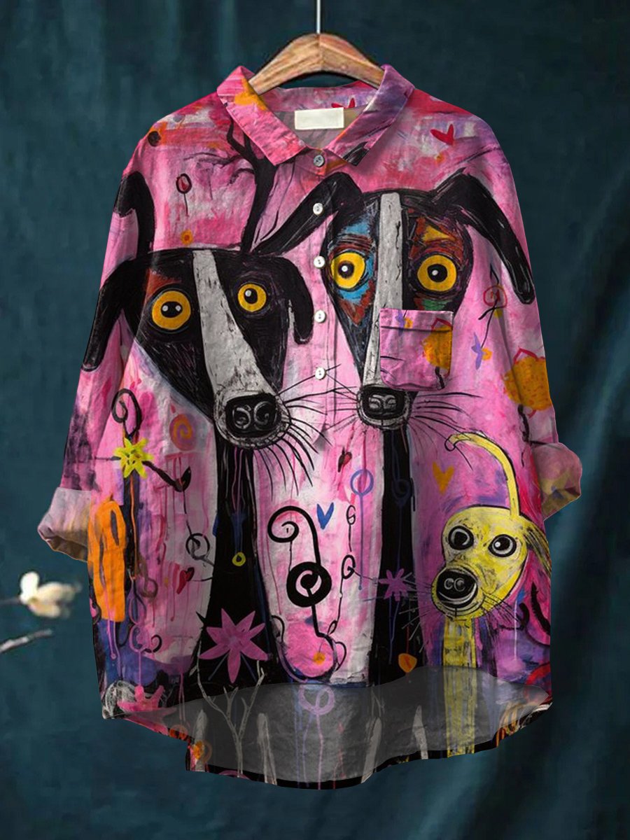 Women's Dog Print Casual Cotton And Linen Shirt