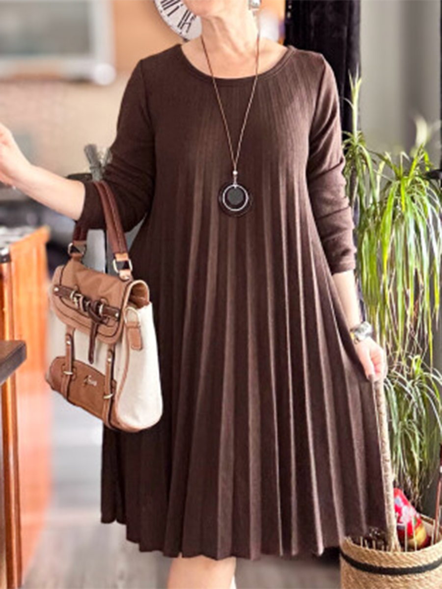 Women's Soft and Elegant Pleated Round Neck Knit Dress
