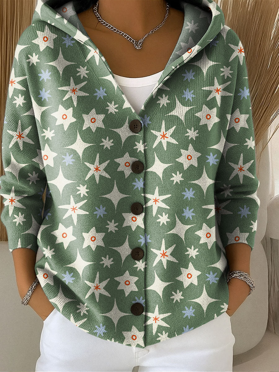 Women's Vintage Christmas Lights Pattern Printed Casual Hooded Button Sweater