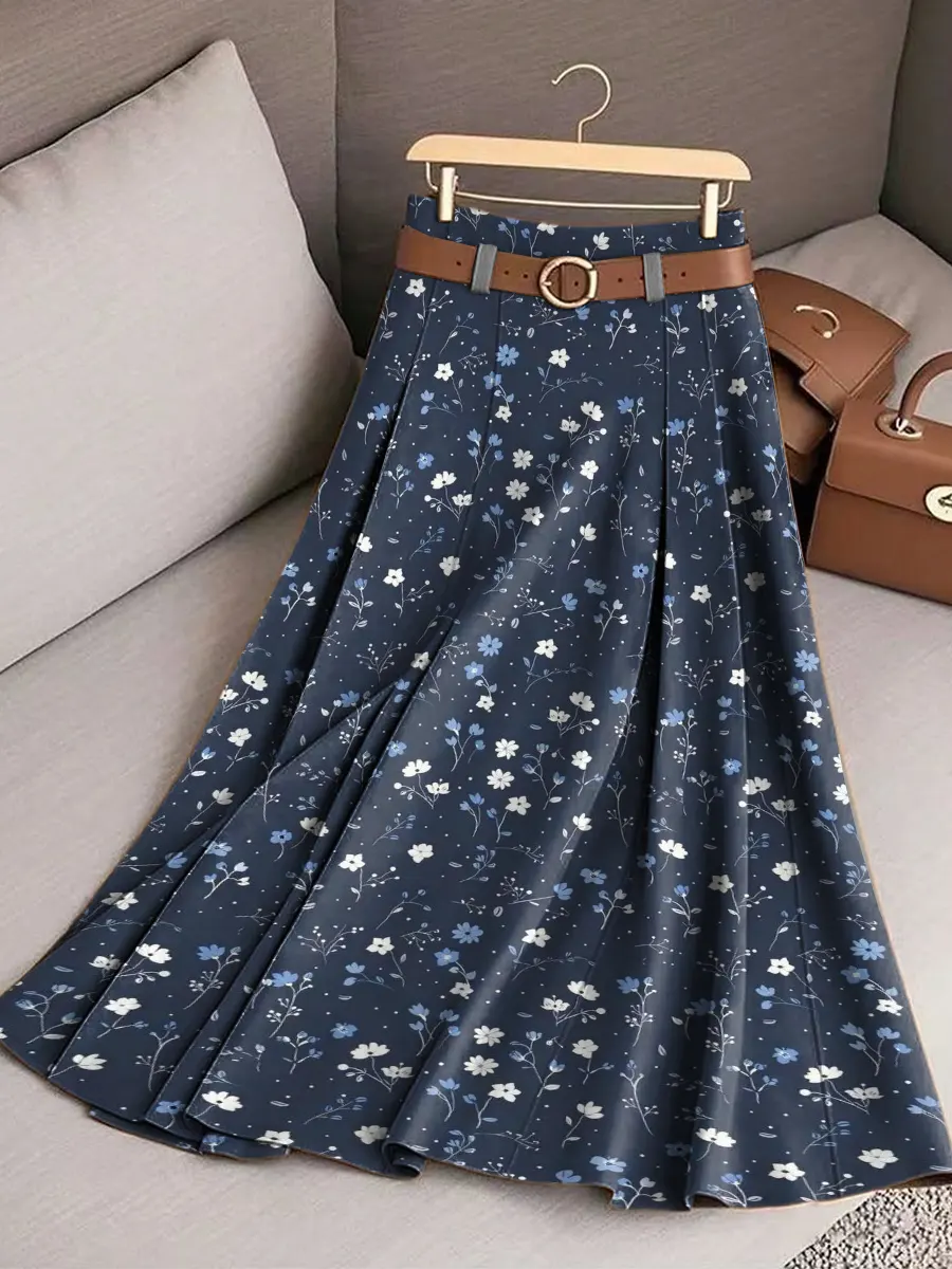 Women's Dark Blue With Small Floral Print Cotton Skirt