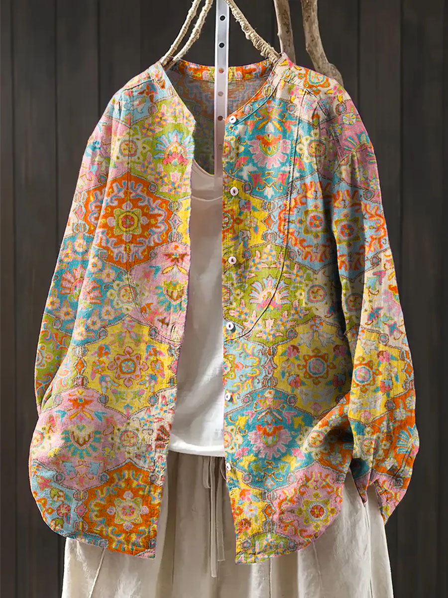 Women's Vintage Floral Pattern Art Print Casual Cotton And Linen Shirt