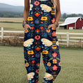 Damen-Jumpsuit mit Vintage-Bienen- und Blumenmuster, lässig, aus 100 % Baumwolle, mit weitem Bein 