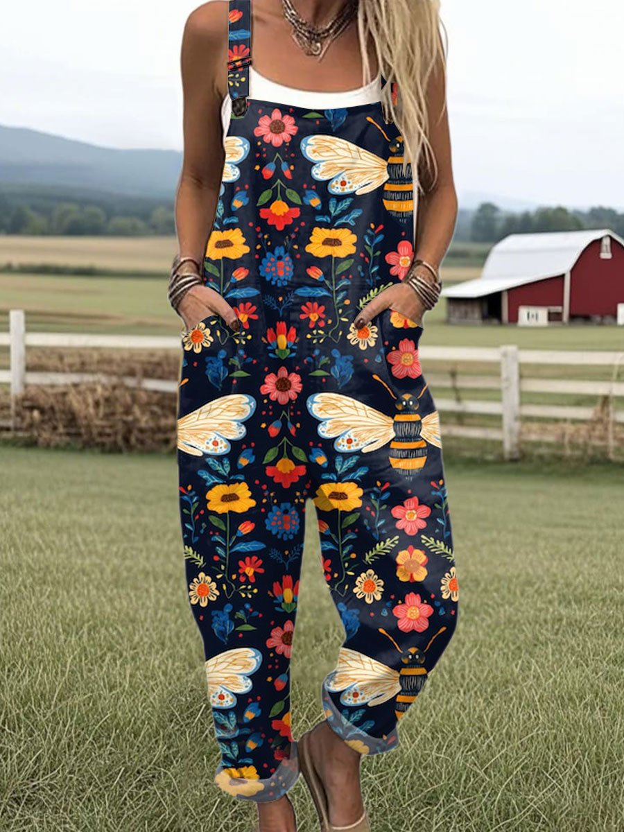 Women's Vintage Bee Floral Art Print Casual 100% Cotton Wide Leg Jumpsuit