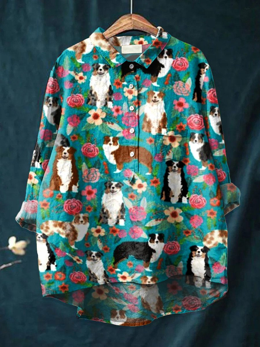 Women's Dog Art Print Casual Cotton And Linen Shirt