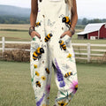 Women's Lovely Bees Floral Art Print Casual 100% Cotton Wide Leg Jumpsuit