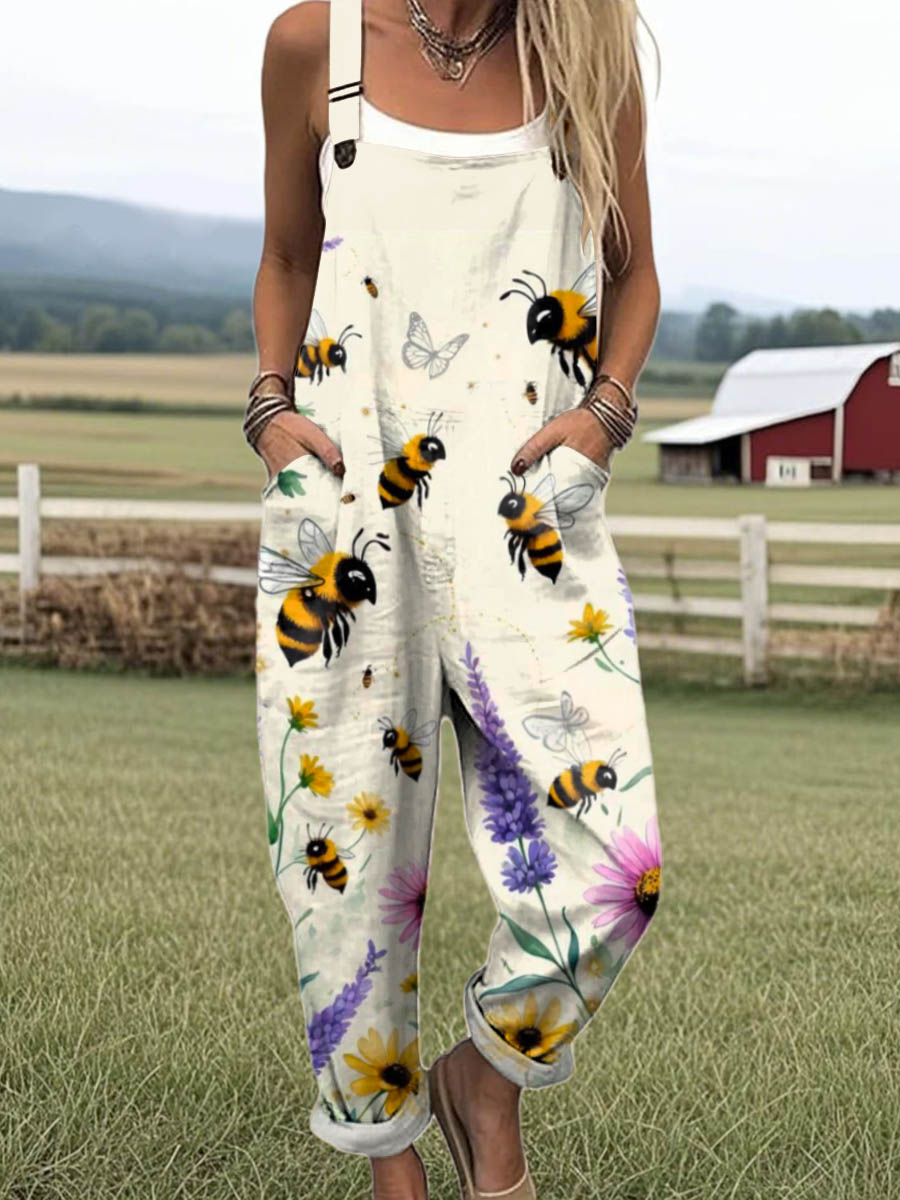Women's Lovely Bees Floral Art Print Casual 100% Cotton Wide Leg Jumpsuit