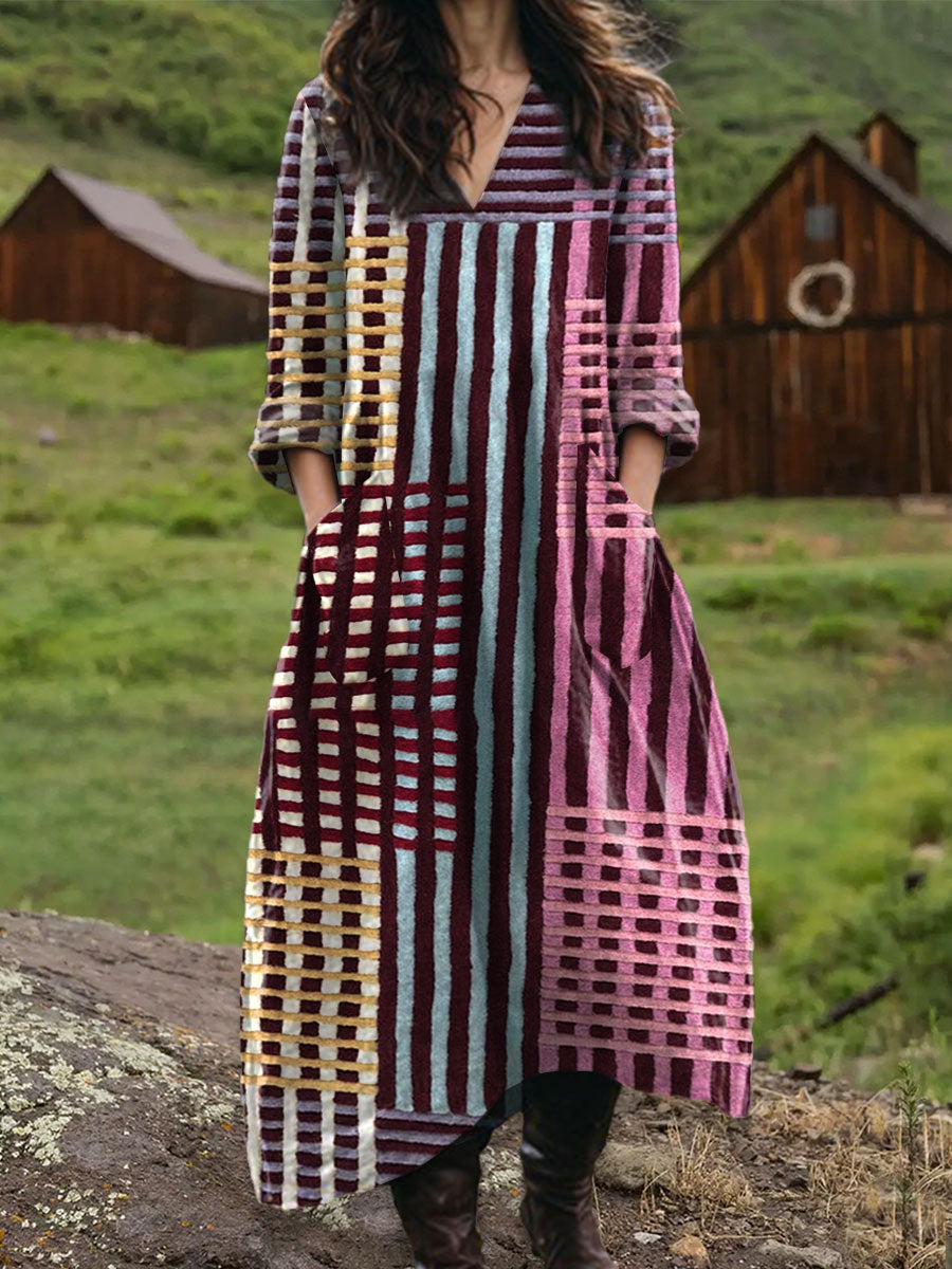 Women's Vintage Geometry Art Print Pocket V-neck Cotton Dress