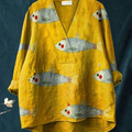 Women's Vintage Fish Art Print Casual Cotton And Linen V-neck Shirt