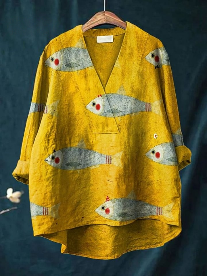 Women's Vintage Fish Art Print Casual Cotton And Linen V-neck Shirt