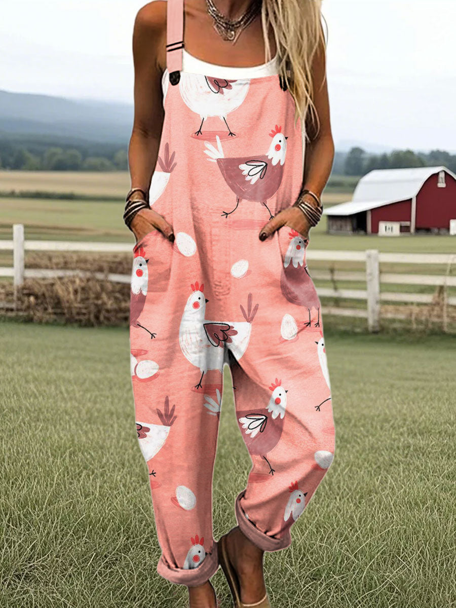 Women's Vintage Cute Chicken Art Pattern Print Casual 100% Cotton Jumpsuit
