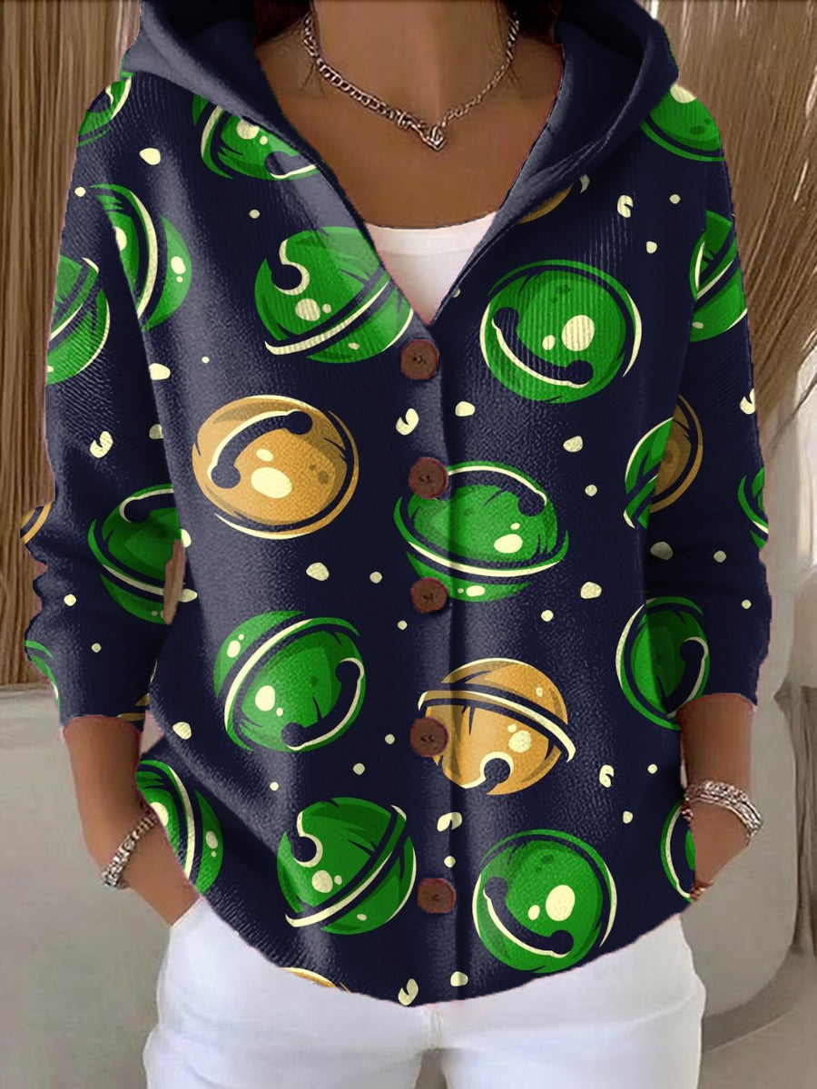 Women's Christmas Bell Printed Casual Hooded Button Sweater