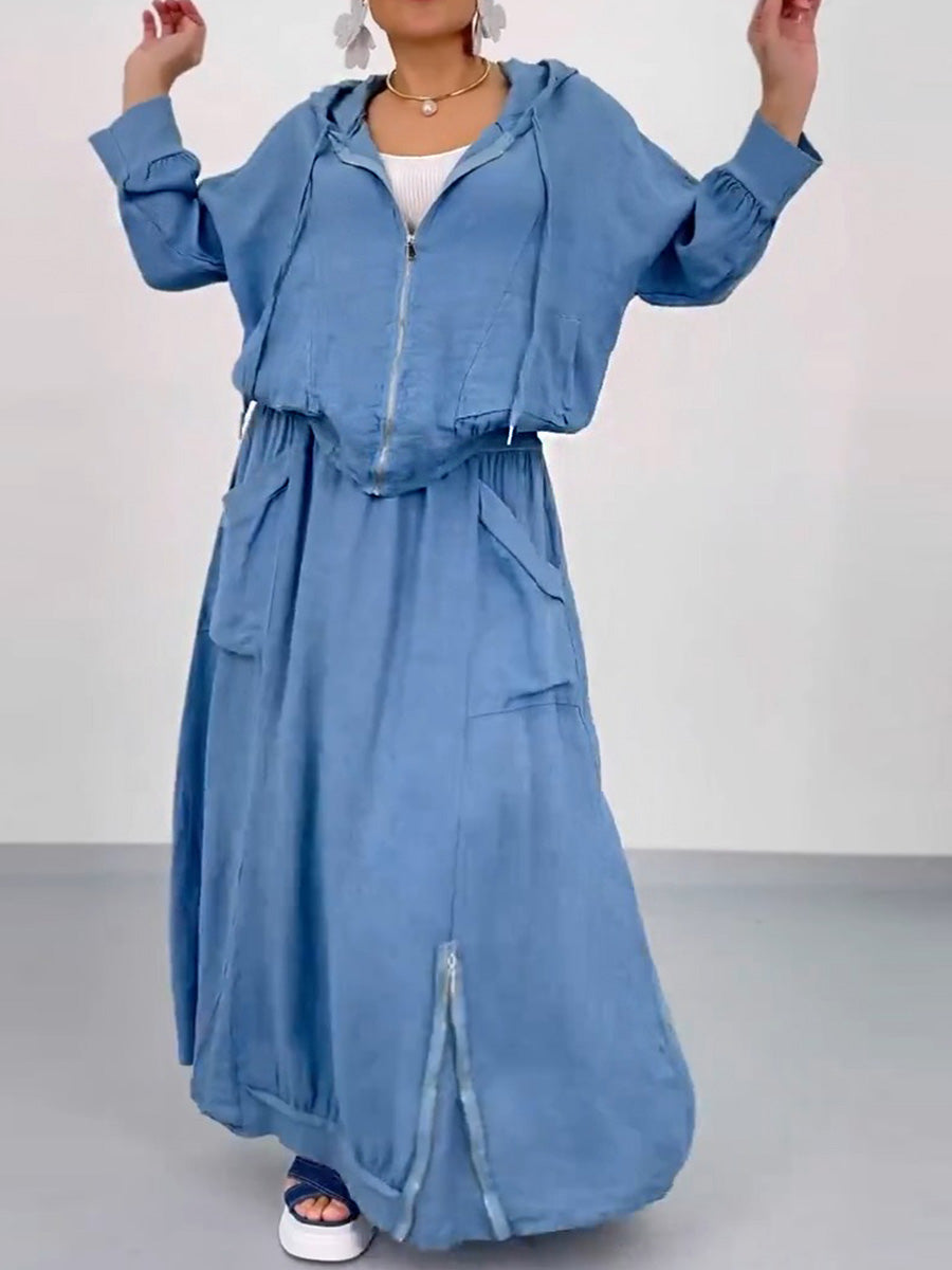 Women's Long Sleeve Solid Loose Hooded Cardigan Top High Waist Casual Pocket Cotton Skirt Set