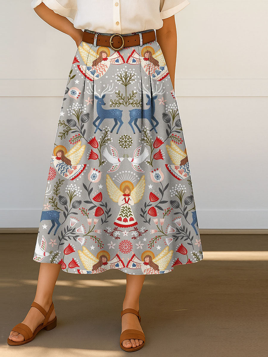 Women's Vintage Christmas Art Print Cotton Skirt