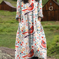 Women's Vintage   Bird Floral Art  Print Pocket V-neck Cotton Dress