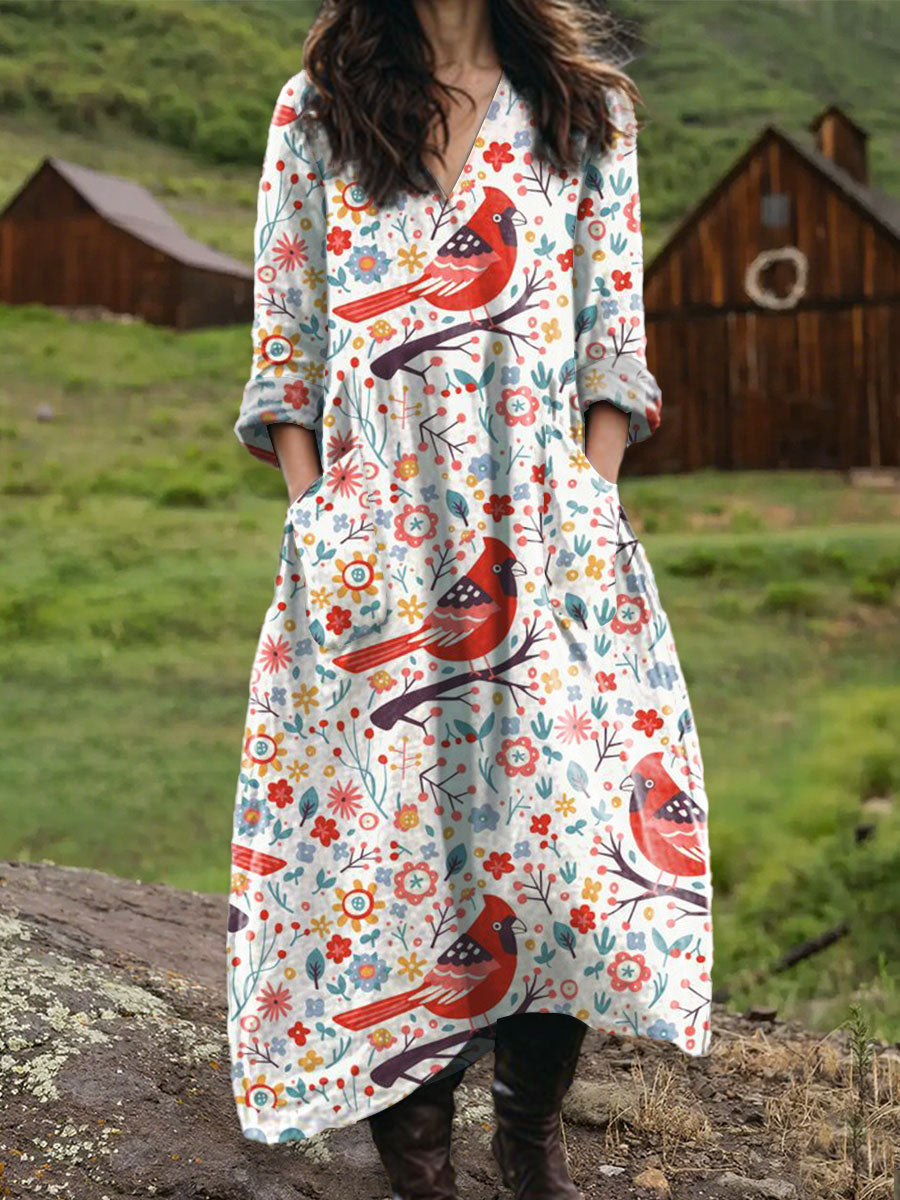 Women's Vintage   Bird Floral Art  Print Pocket V-neck Cotton Dress