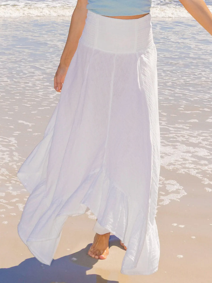 Women's Solid Color Elastic Waist Casual Cotton and Linen Skirt Off-the-Shoulder Dress Two-Way Dress