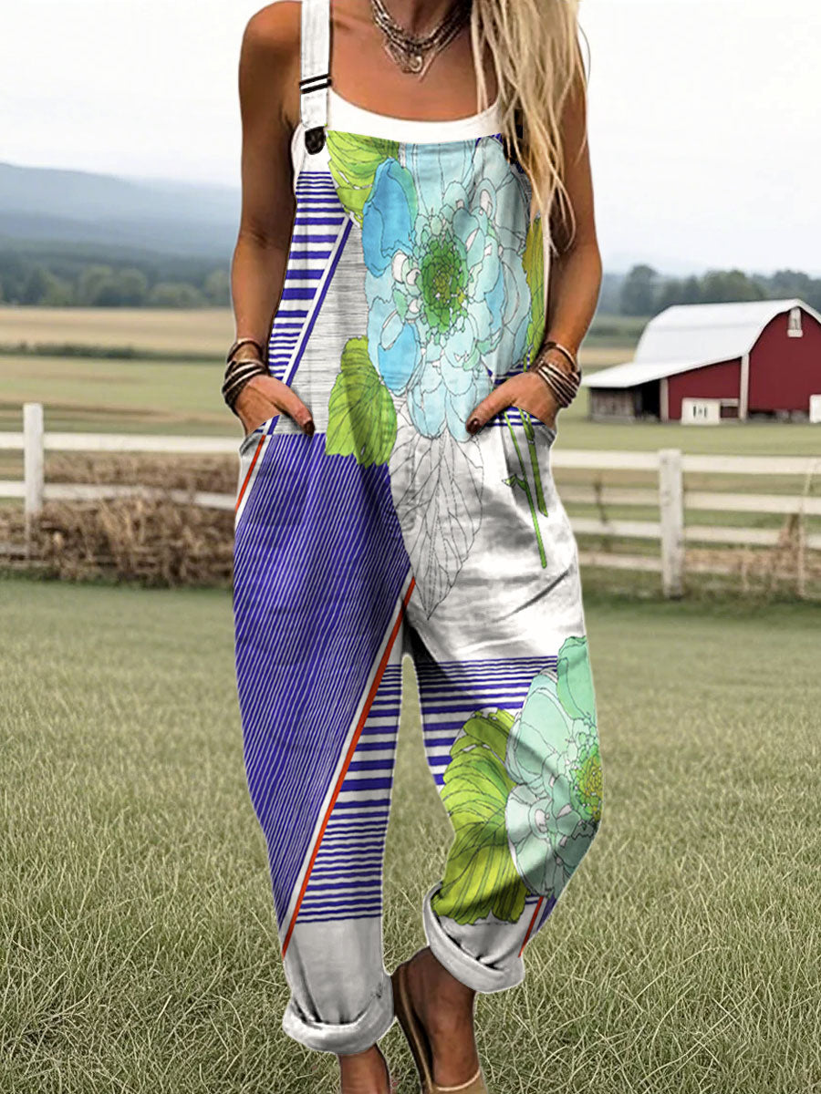 Women's Vintage Abstract Geometry Flowers Art Print Casual 100% Cotton Wide Leg Jumpsuit