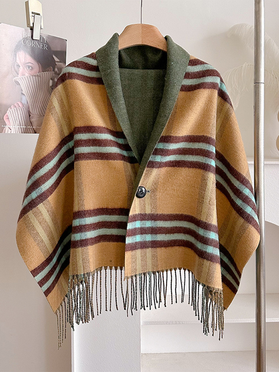 vintage-plaid-fringed-cape-sweater
