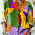 Women's Abstract Colorful Geometric Color Block Painting Art Print Casual Cotton And Linen Ruffle Shirt
