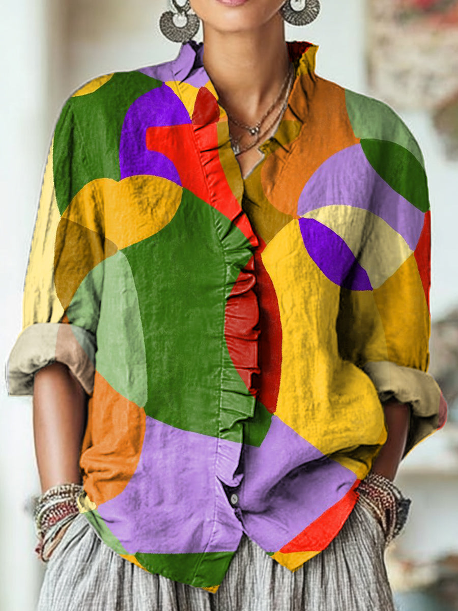 Women's Abstract Colorful Geometric Color Block Painting Art Print Casual Cotton And Linen Ruffle Shirt