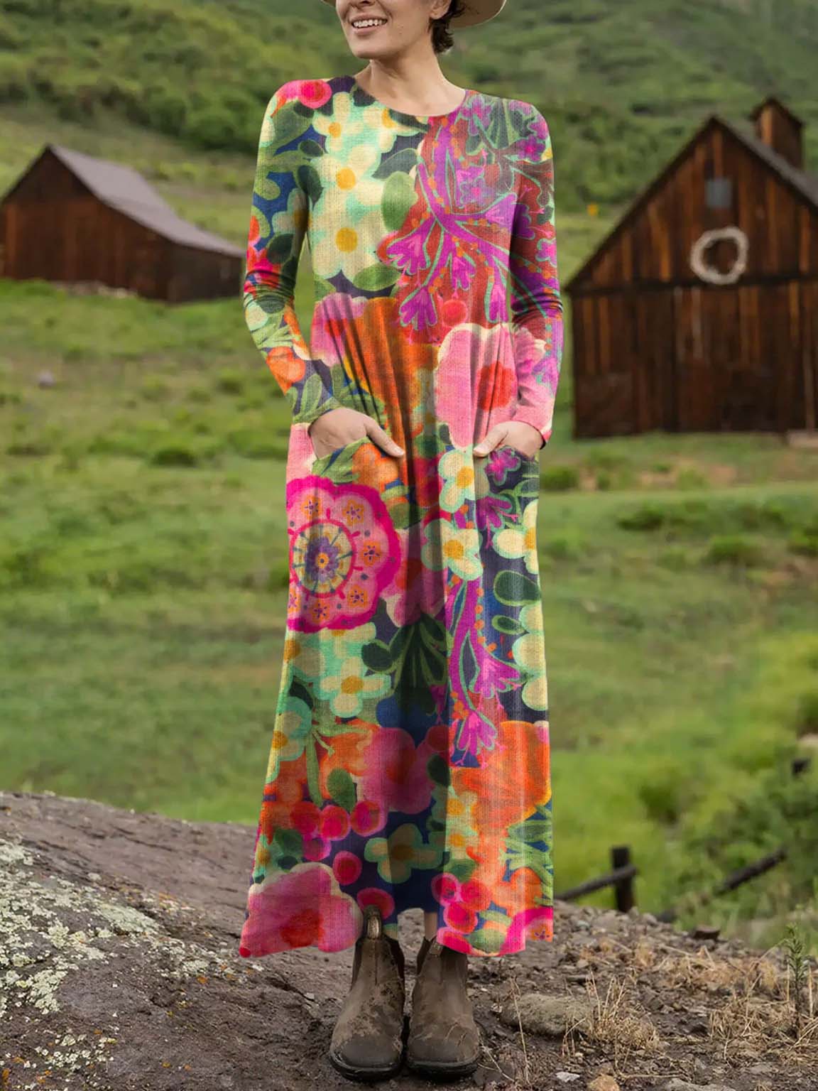 Women's Vintage Floral Art Print Casual Long-sleeved Dress