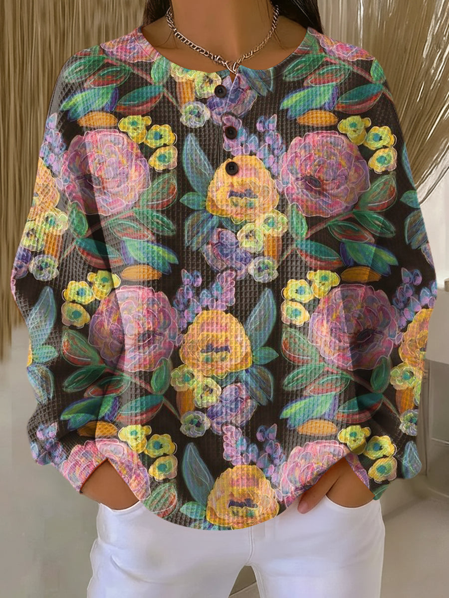 Women's Beautiful Colorful Floral Painting Art Print Casual Cotton Sweatshirt