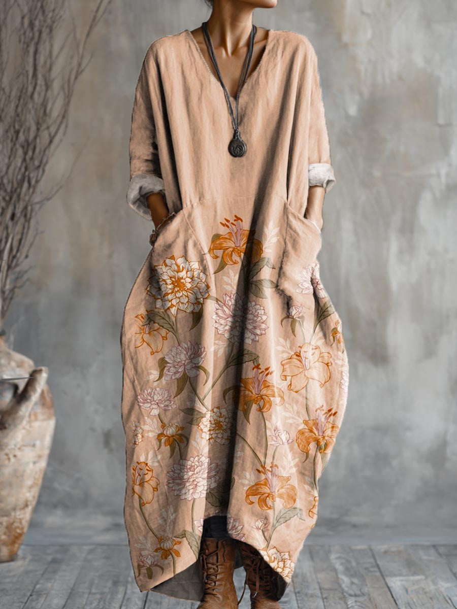 Women's Floral Art Pattern Print Pocket V-neck Cotton Dress