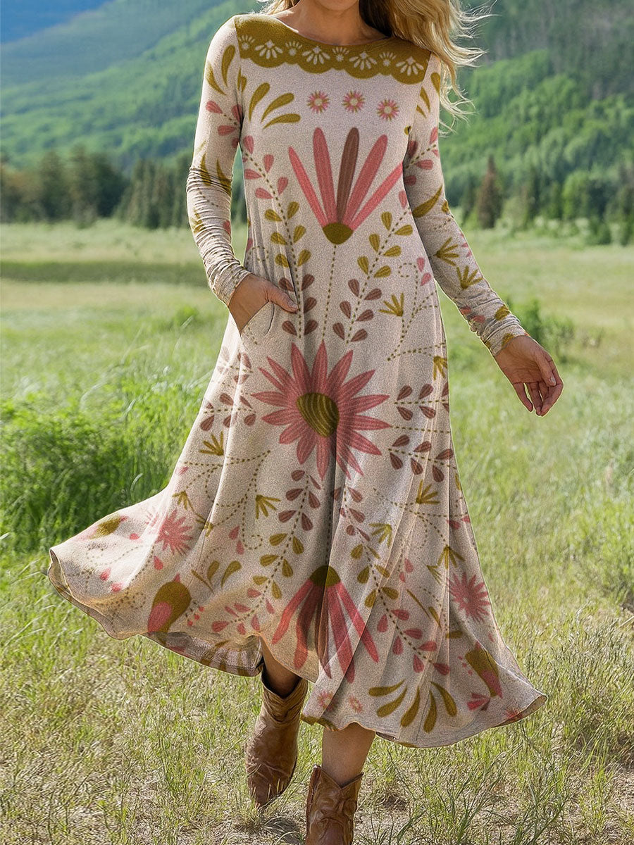 Women's Vintage Flower Art Print Long-sleeved Dress