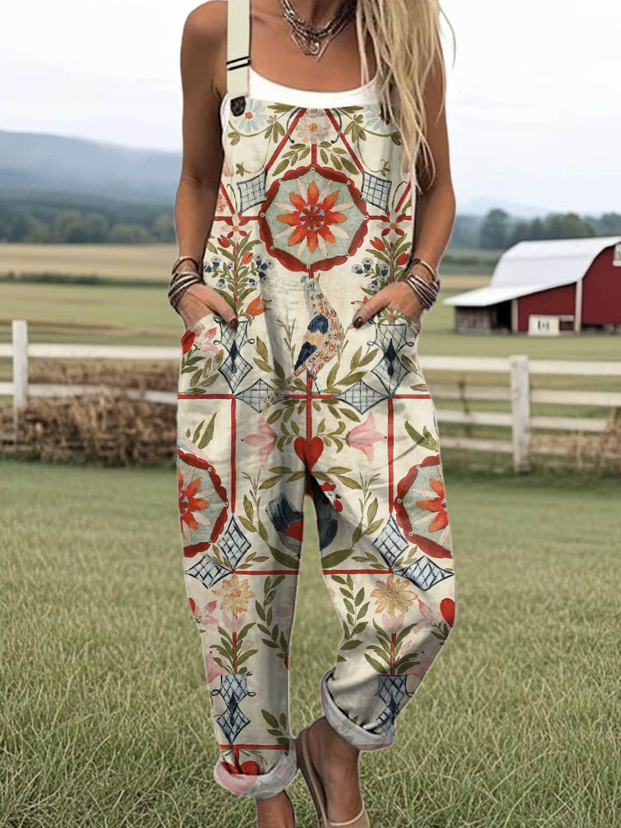 Women's Floral Art Print Casual 100% Cotton Wide Leg Jumpsuit
