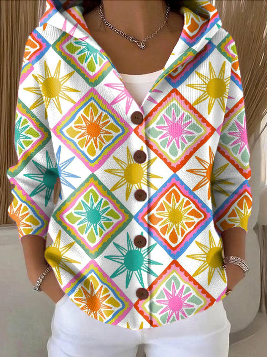 Women's Sun Rhombus Printed Casual Hooded Button Sweater