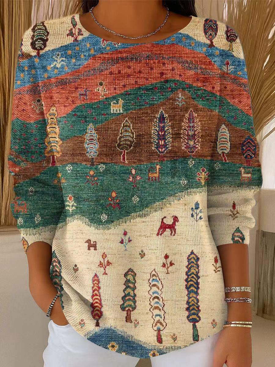 Women's Vintage Multicolor Landscape Painting Art Print Casual Pullover Sweater