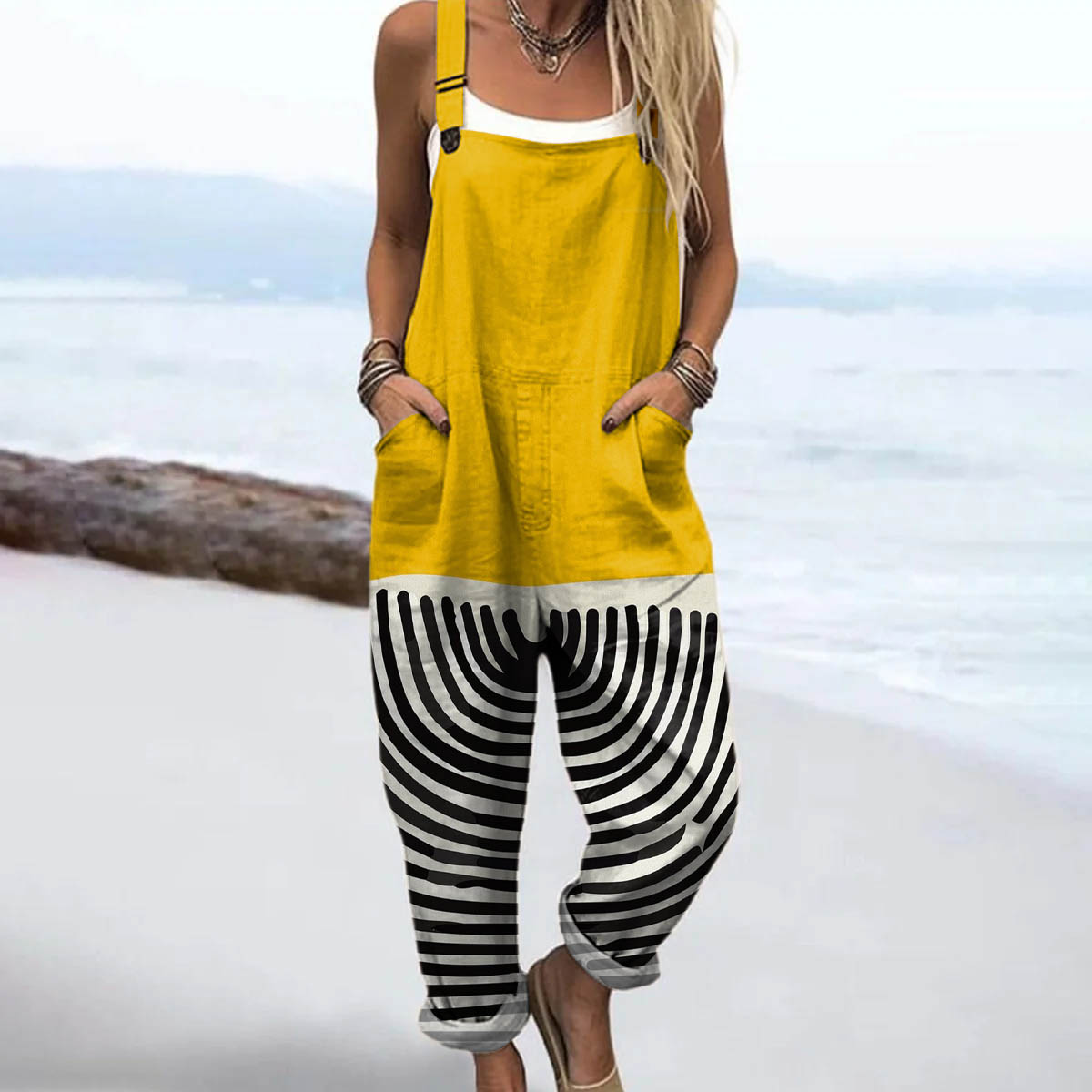 Women's Abstract Geometric Line Pattern Art Print Casual 100% Cotton Wide Leg Jumpsuit