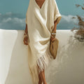 Women's Solid-color V-neck 3/4-sleeve Casual Loose Cotton-linen Dress
