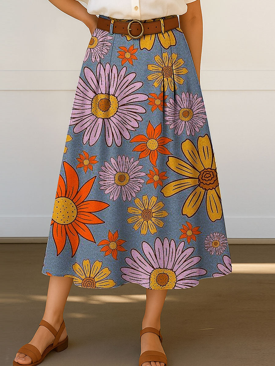Women's Retro Floral Flowers Print High Waist Casual A-Line Skirt