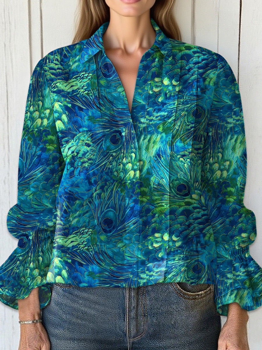 Women's  Vintage Gorgeous Peacock Feathers Art Print Casual  Cotton And Linen Shirt