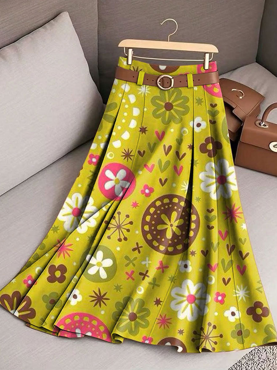 Women's Retro Flowers Pattern Casual Print Cotton Skirt