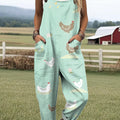 Women's Art Farm Creative Chick Print Casual 100% Cotton Wide Leg Jumpsuit