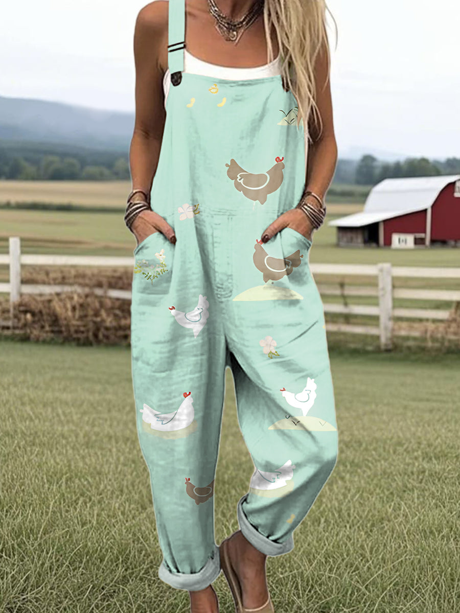 Women's Art Farm Creative Chick Print Casual 100% Cotton Wide Leg Jumpsuit