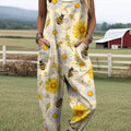 Women's Lovely Floral Bees Art Print Casual 100% Cotton Wide Leg Jumpsuit