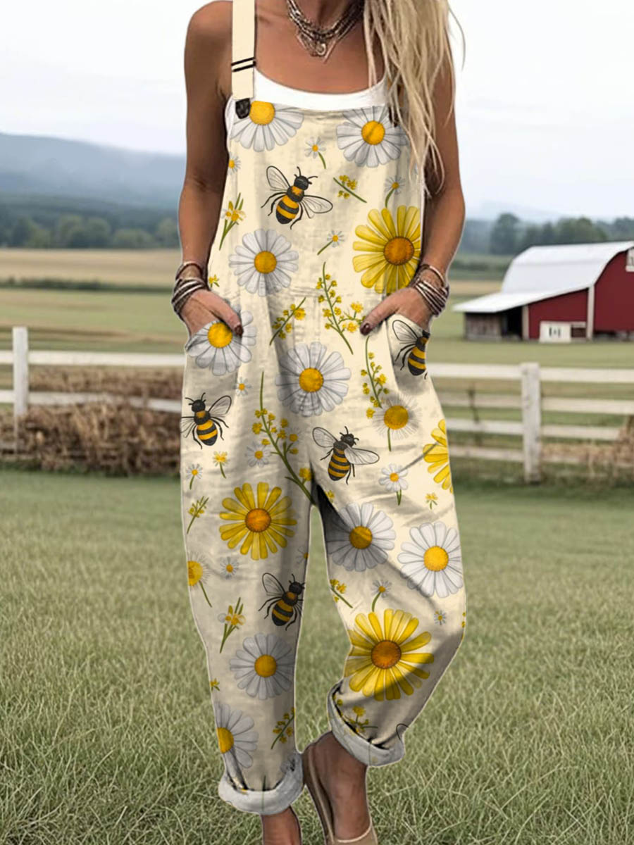 Women's Lovely Floral Bees Art Print Casual 100% Cotton Wide Leg Jumpsuit